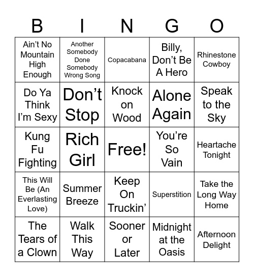 70's Hits Bingo Card