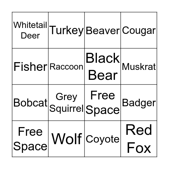 Animal Track Bingo Card