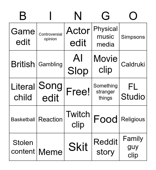 YouTube shorts Bingo Card