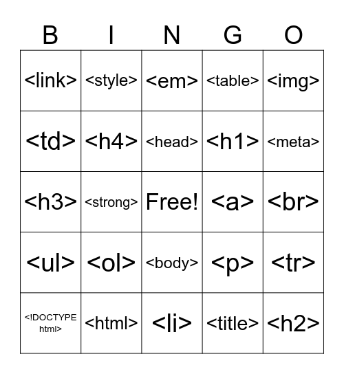 Web Design HTML Bingo Card