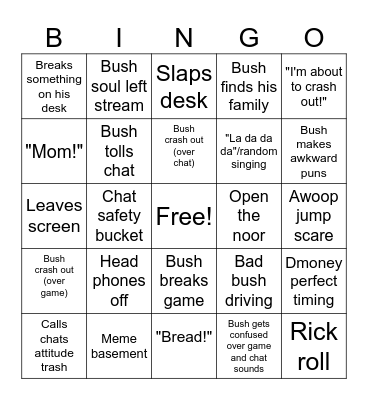 Bushwhack Bingo Card