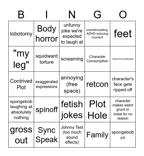 Modern Spongebob Bingo Card