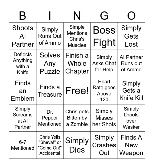 Resident Evil 5 Bingo Board Bingo Card