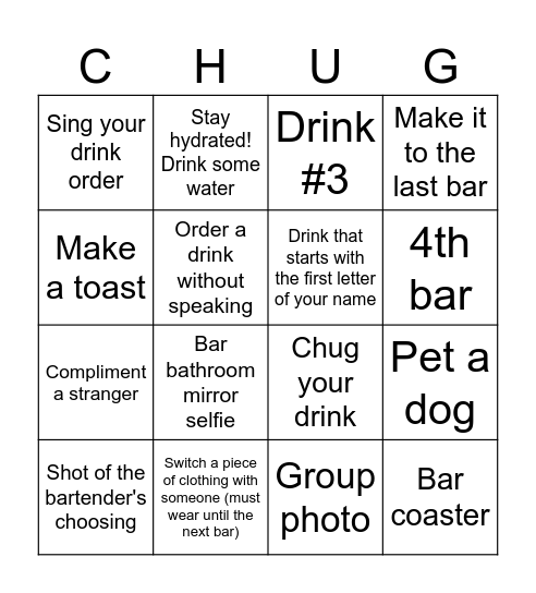 Bar Crawl Bingo Card