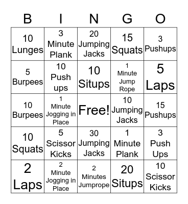 Exercise Bingo Card