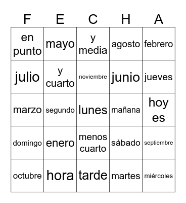 Lotería (fechas, días, etc.) Bingo Card