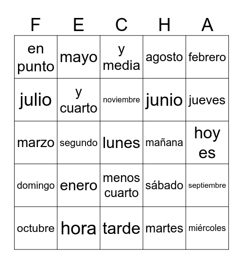 Lotería (fechas, días, etc.) Bingo Card