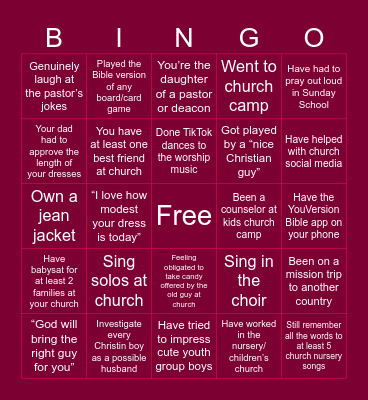 Christian Girl Bingo Card