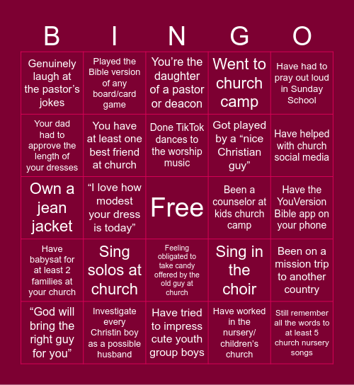 Christian Girl Bingo Card