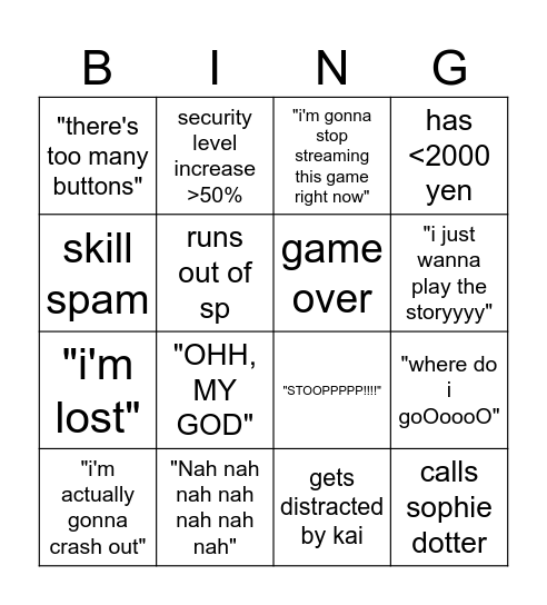 The Yomi P5S Experience Bingo Card