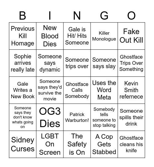 Scream Bingo Card