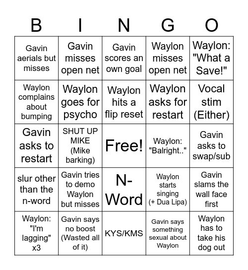 Rocket League (Gavin v. Waylon) Bingo Card