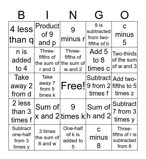 Math Expression BINGO Card