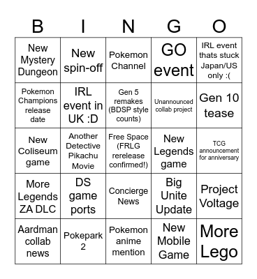 Pokemon Presents Bingo Card