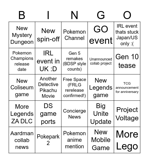 Pokemon Presents Bingo Card