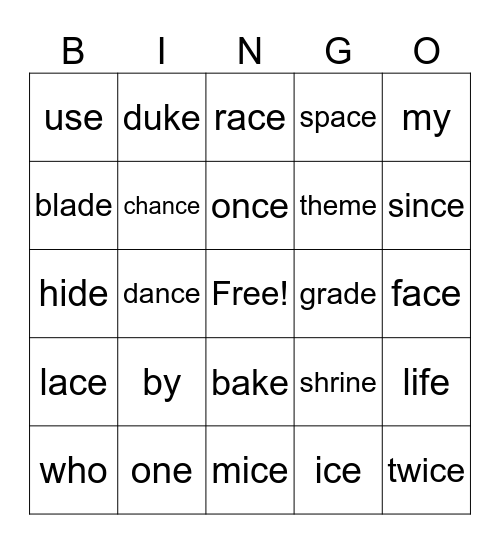 Lesson 59&60 Bingo Card