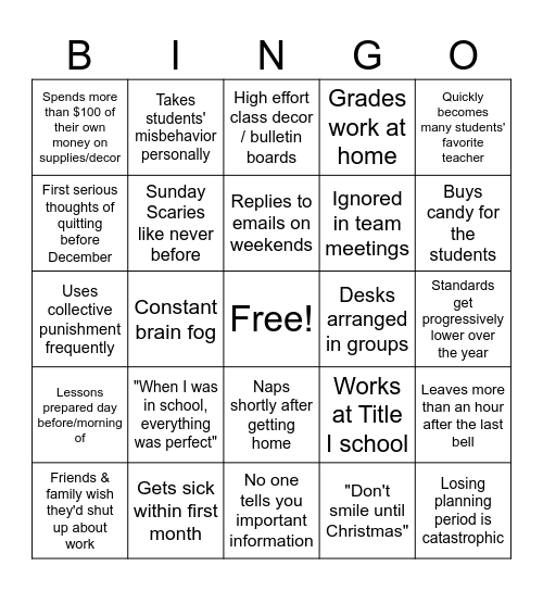 1st Year Teacher Bingo Card