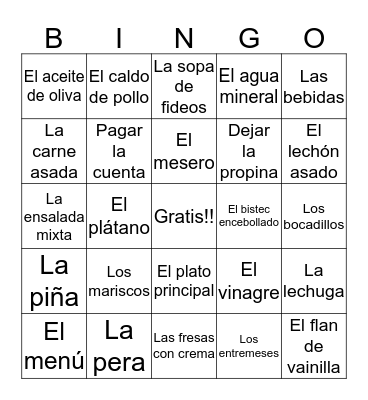 La comida Bingo Card