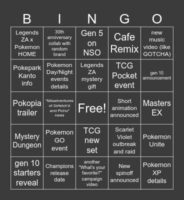 Pokemon Presents 2026 Bingo Card