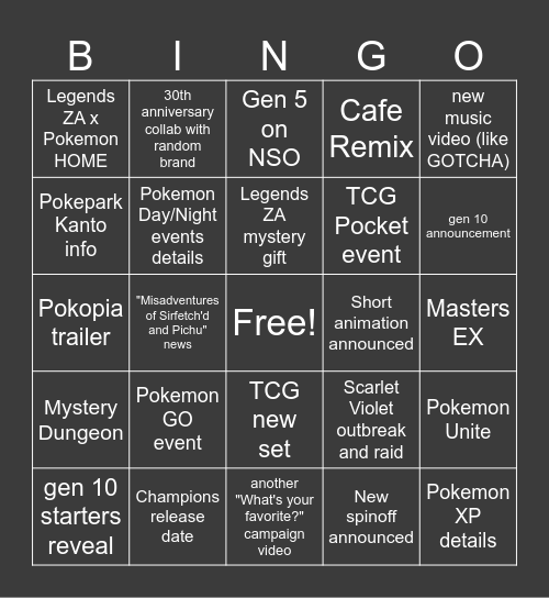 Pokemon Presents 2026 Bingo Card