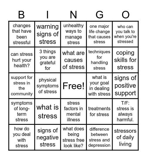 Stress Bingo Card