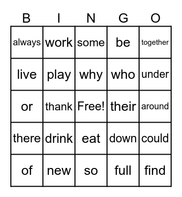 Sight Words Bingo Card