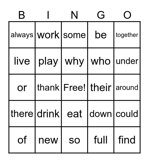 Sight Words Bingo Card