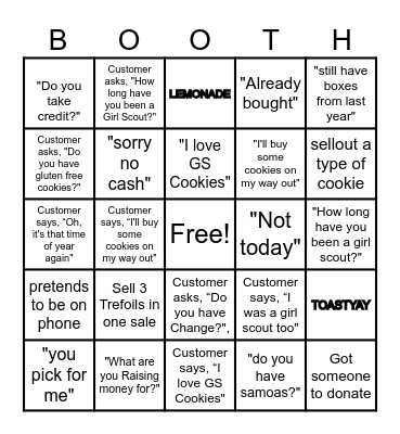 Cookie Booth Bingo Troop 115 Bingo Card