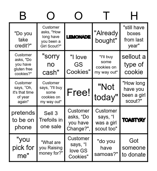 Cookie Booth Bingo Troop 115 Bingo Card