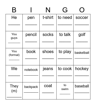 Vocab Review Bingo Card