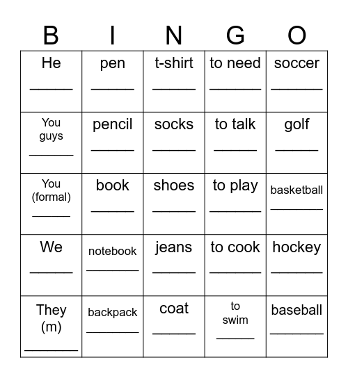Vocab Review Bingo Card