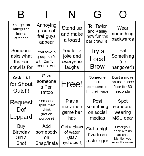 Bar Crawl Bingo! Bingo Card