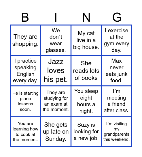 Present Simple vs Present Continuous Bingo Card