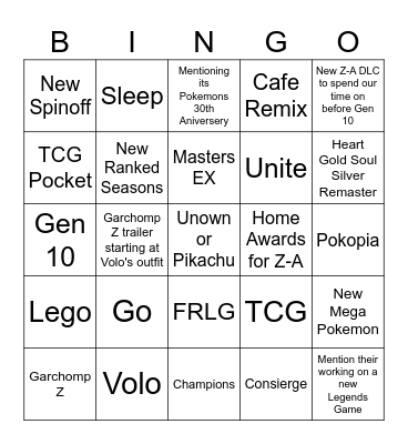 Pokemon Presents Bingo Card