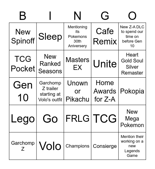 Pokemon Presents Bingo Card