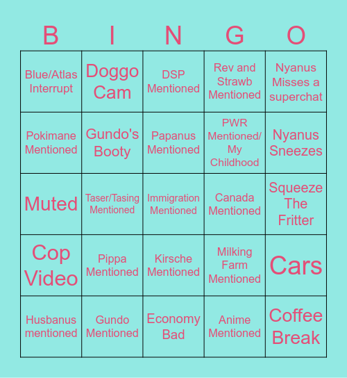 Nyanus Stream 2/20/2026 Bingo Card