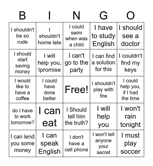 Bingo de verbos modales Bingo Card