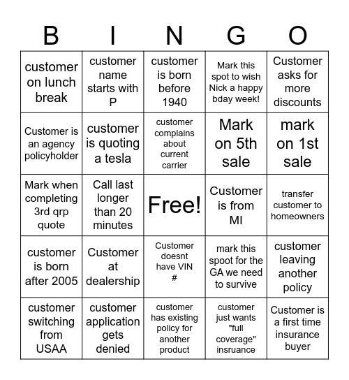 Friday Bingo Card