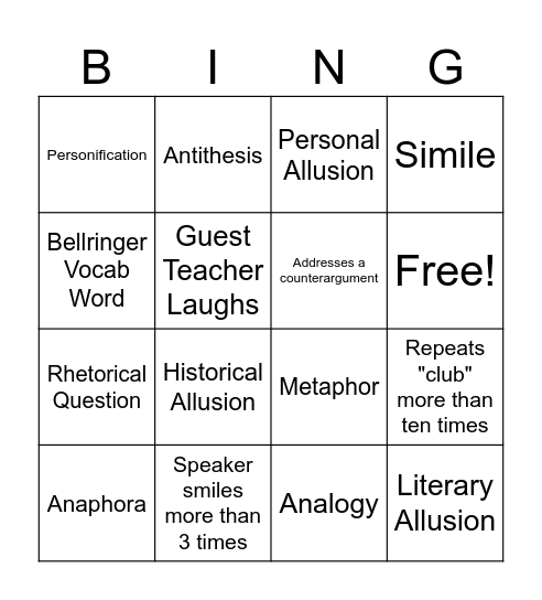 Teacher Speech Bingo Card