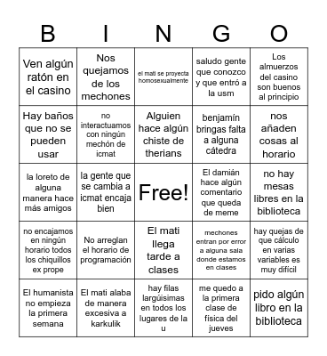 Primeras semanas de universidad Bingo Card