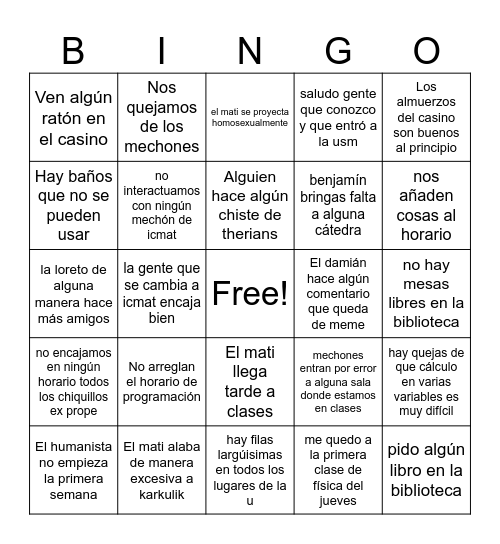 Primeras semanas de universidad Bingo Card