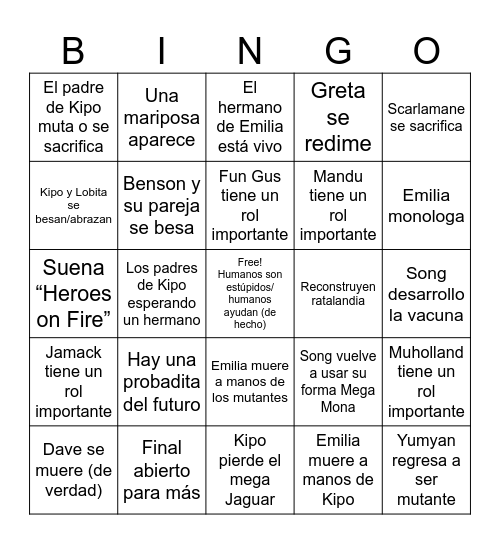 Kipo Finale Bingo Card