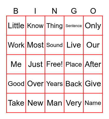 Fry Words 101-1024 Bingo Card