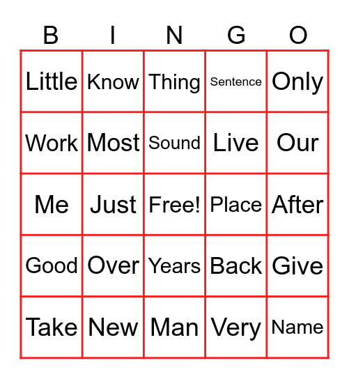 Fry Words 101-1024 Bingo Card