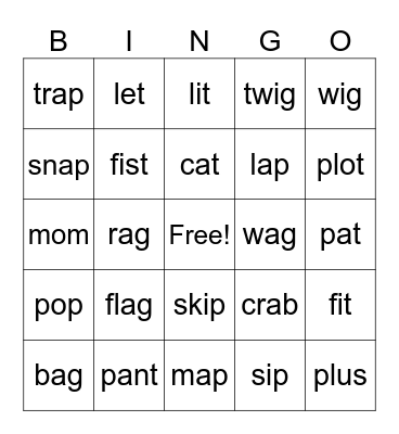 cvc words Bingo Card
