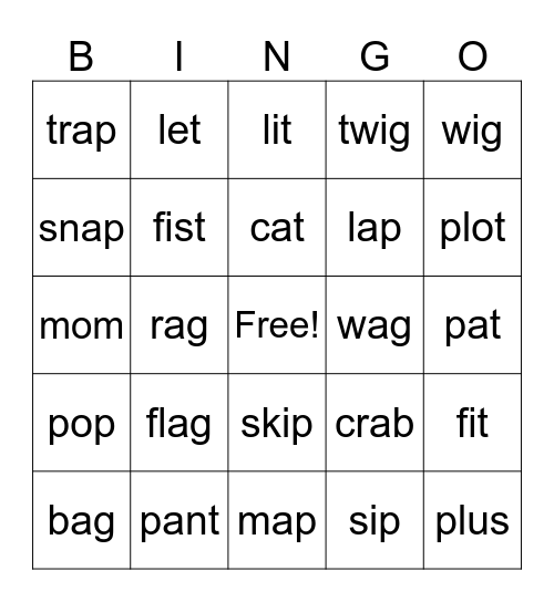 cvc words Bingo Card