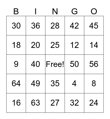 Multiplication Bingo Card