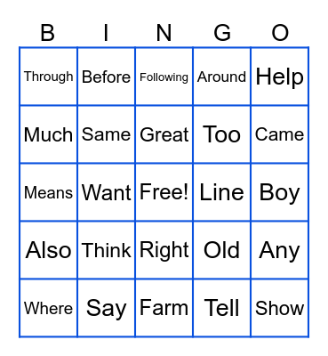 Fry Words 125-148 Bingo Card