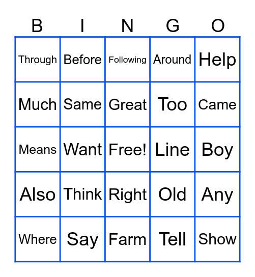 Fry Words 125-148 Bingo Card