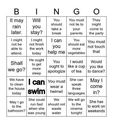 Modal Verbs Bingo Card